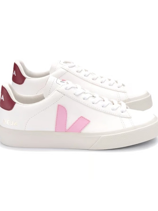 Veja Shoes - Veja White Leather Sneakers with Pink V and Burgundy Heel
